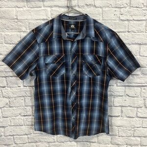 Rock & Republic Blue Orange Cotton Plaid Short Sleeve Shirt Size L